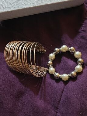 Gold-Tone Bangle Set & Pearl Bead Bracelet - Elegant Women’s Jewelry